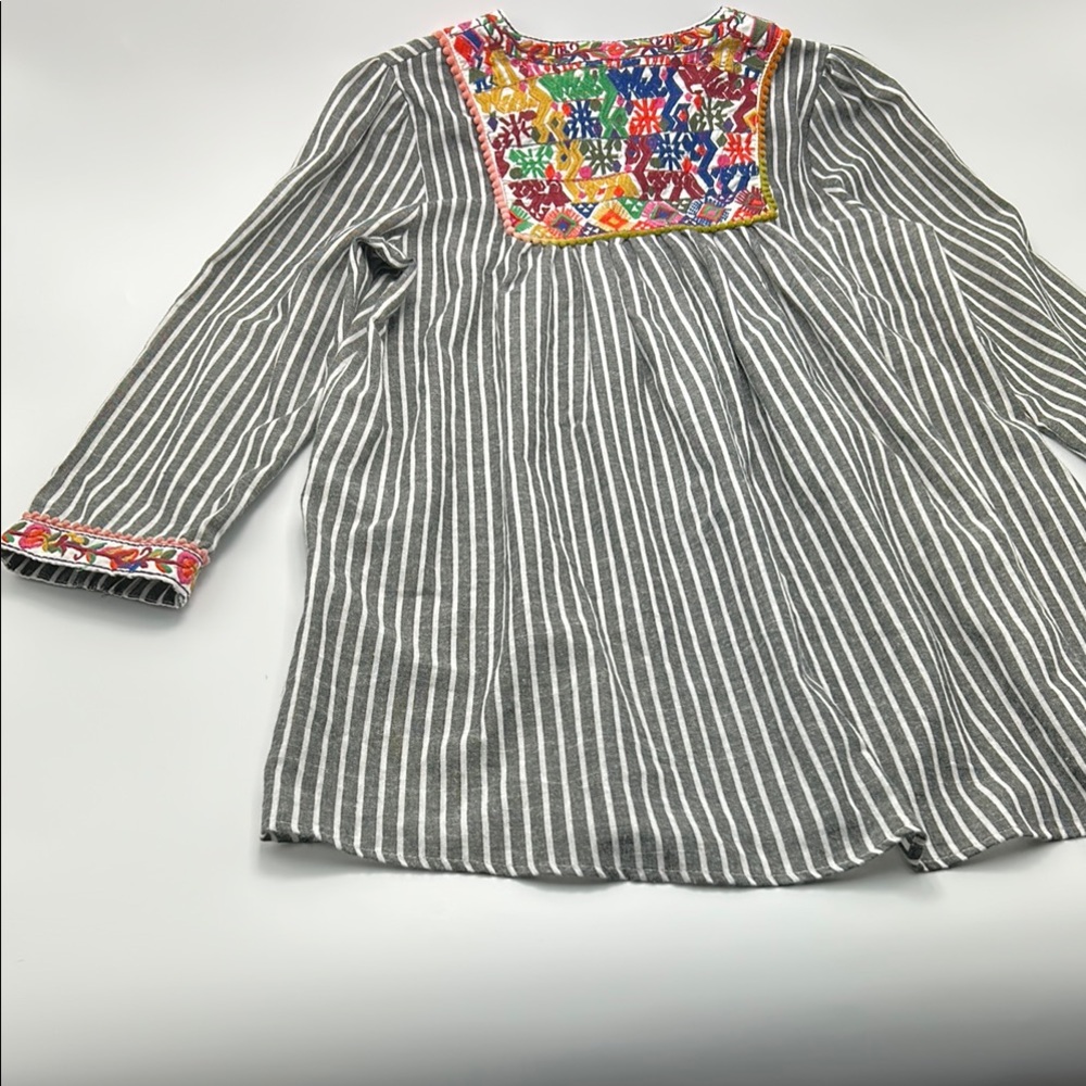 Velzera Embroidered Boho Tunic Gray Striped Pom Pom Blouse Lagenlook Top Small - Picture 12 of 15